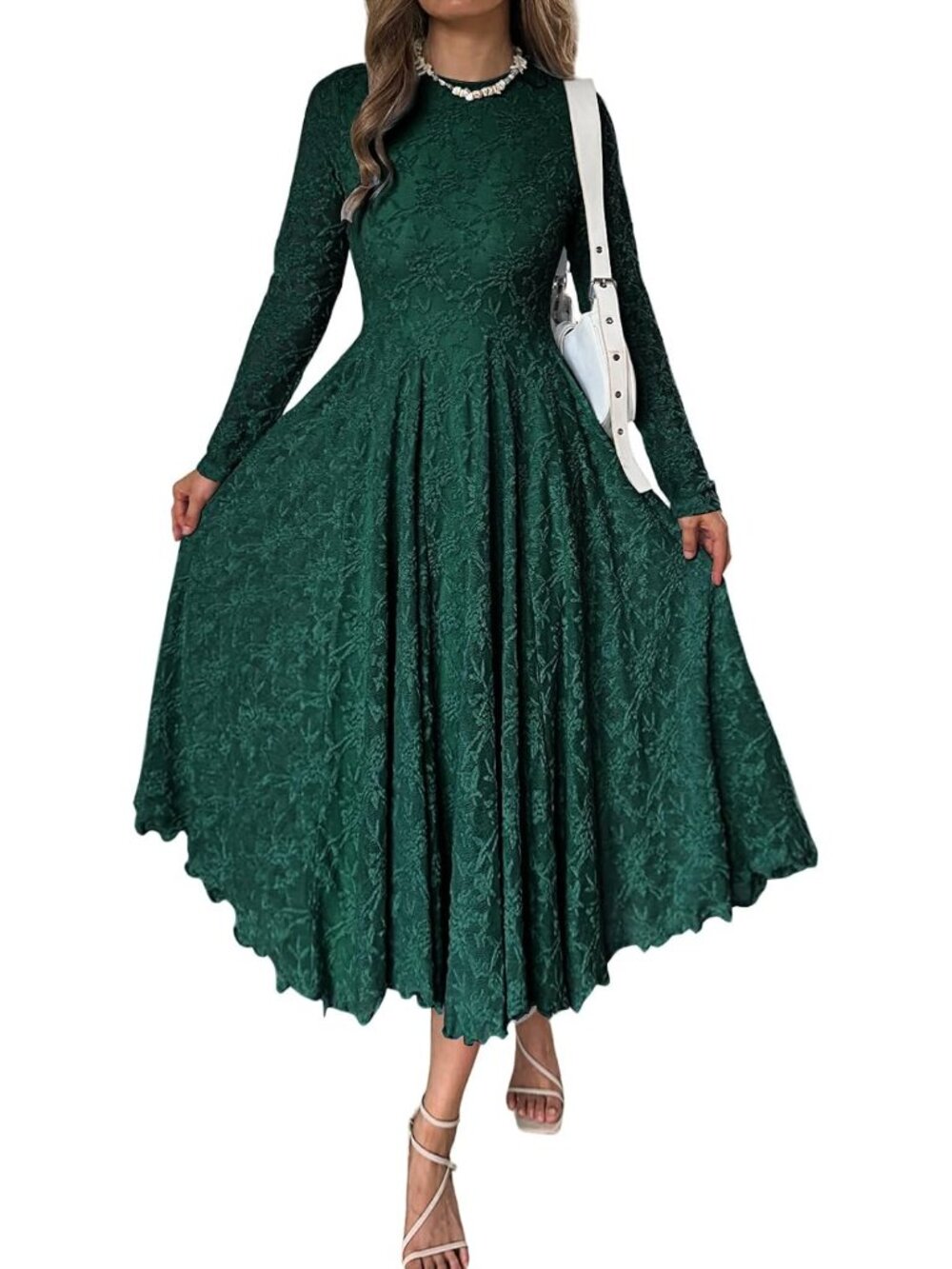 Women's Dark Green Long Sleeve Round Neck Fall Wedding Guest Floral Maxi Dresses